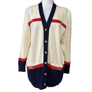 Tricoville Cardigan Sweater Womens 10 White Navy Stripe Button Front V Neck Knit